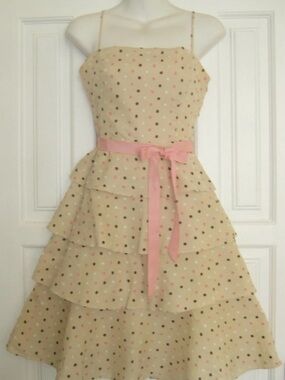 BCBG Max Azria Beige Polka Dot Tiered Dress with Pink Sash